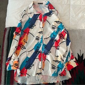 Patterned artistic long sleeve button up top, size M, Shein